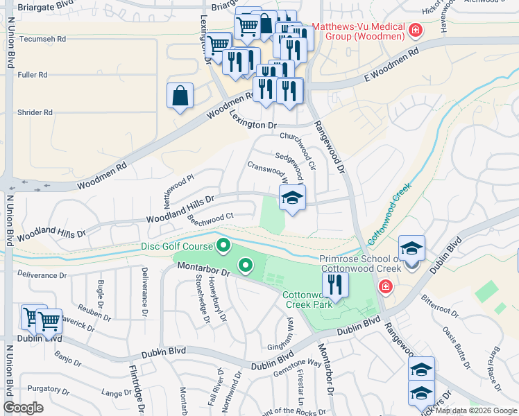 map of restaurants, bars, coffee shops, grocery stores, and more near 3640 Hazelwood Court in Colorado Springs