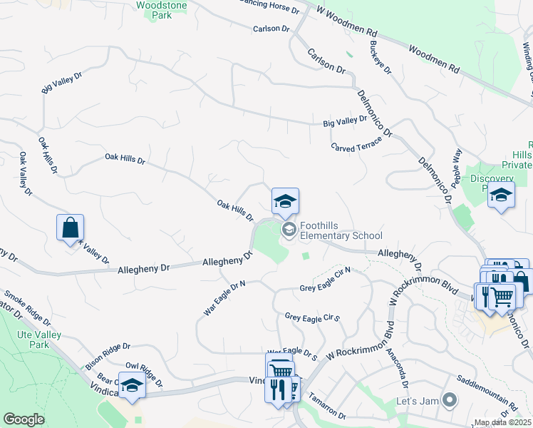 map of restaurants, bars, coffee shops, grocery stores, and more near 945 Oak Bend Court in Colorado Springs