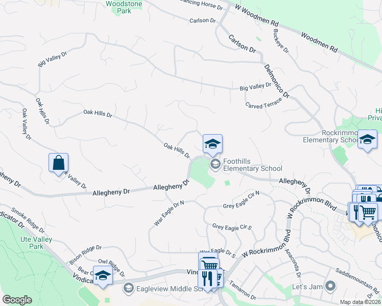 map of restaurants, bars, coffee shops, grocery stores, and more near 945 Oak Bend Court in Colorado Springs