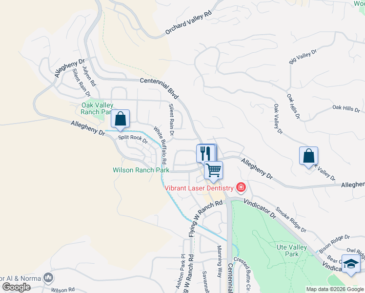 map of restaurants, bars, coffee shops, grocery stores, and more near 2133 Silent Rain Drive in Colorado Springs