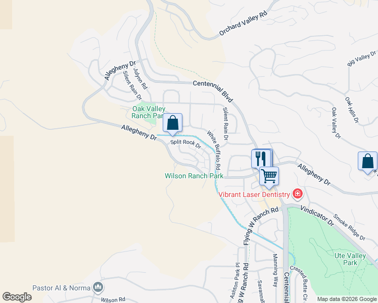 map of restaurants, bars, coffee shops, grocery stores, and more near 2366 Split Rock Drive in Colorado Springs