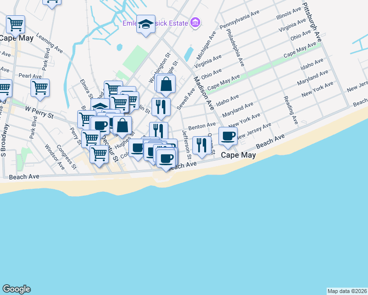 map of restaurants, bars, coffee shops, grocery stores, and more near 828 Kearney Avenue in Cape May