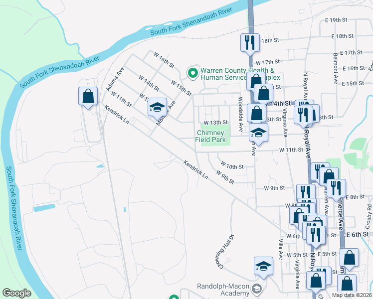 map of restaurants, bars, coffee shops, grocery stores, and more near 628 West 11th Street in Front Royal