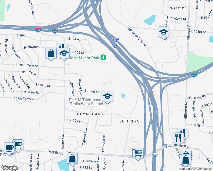 map of restaurants, bars, coffee shops, grocery stores, and more near 10543 Cypress Avenue in Kansas City