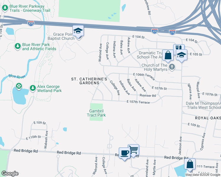 map of restaurants, bars, coffee shops, grocery stores, and more near 10641 College Avenue in Kansas City