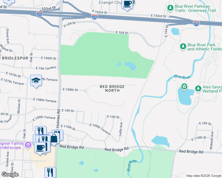 map of restaurants, bars, coffee shops, grocery stores, and more near 1309 East 108th Street in Kansas City