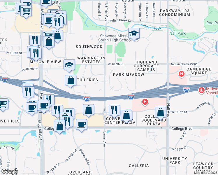 map of restaurants, bars, coffee shops, grocery stores, and more near 10800 Horton Street in Leawood