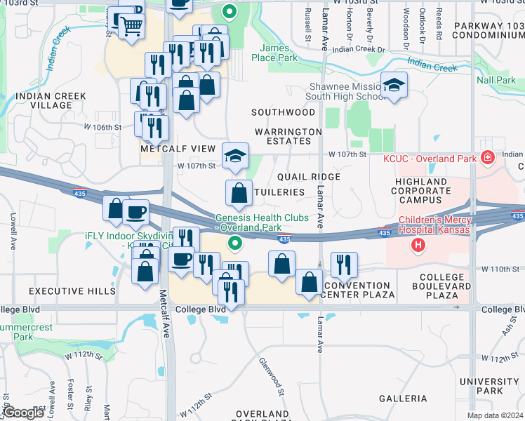 map of restaurants, bars, coffee shops, grocery stores, and more near 10808 Glenwood Street in Leawood