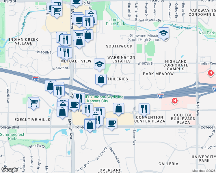 map of restaurants, bars, coffee shops, grocery stores, and more near 10808 Glenwood Street in Leawood