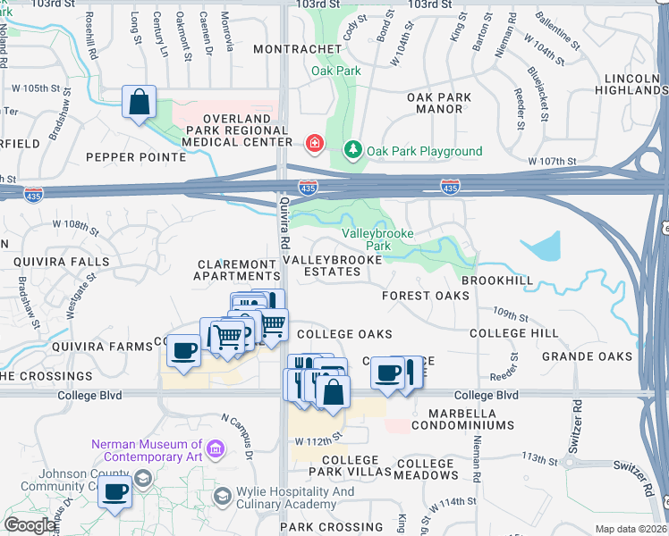 map of restaurants, bars, coffee shops, grocery stores, and more near 11609 108th Court in Overland Park