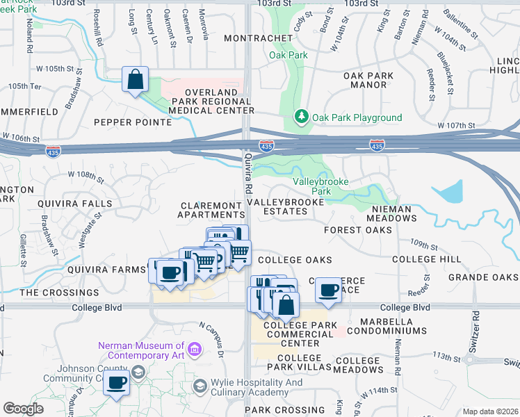 map of restaurants, bars, coffee shops, grocery stores, and more near 11822 West 109th Street in Overland Park