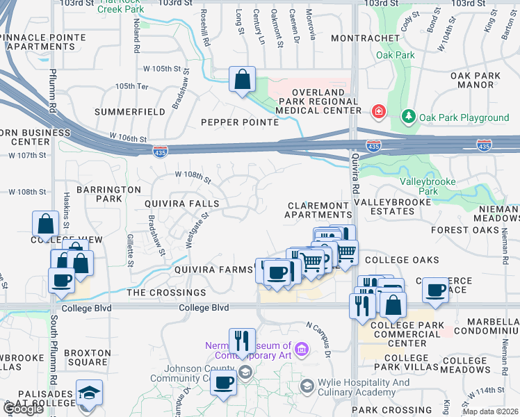map of restaurants, bars, coffee shops, grocery stores, and more near 10798 Oakmont Street in Overland Park