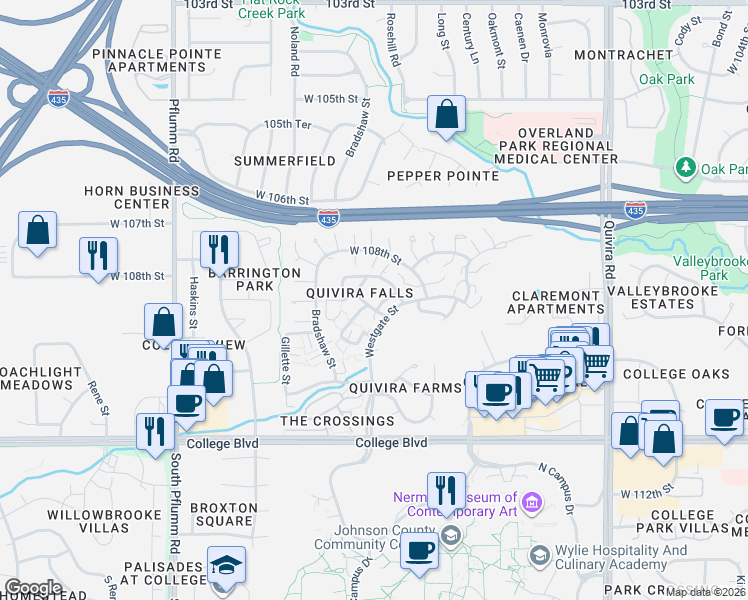 map of restaurants, bars, coffee shops, grocery stores, and more near 12741 West 108th Place in Overland Park