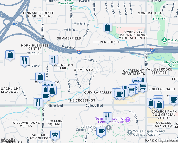 map of restaurants, bars, coffee shops, grocery stores, and more near 12741 West 108th Place in Overland Park