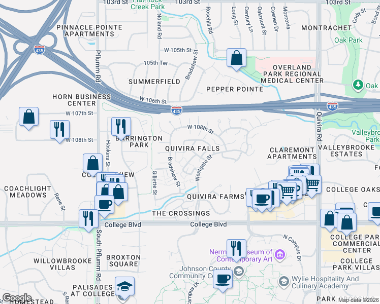map of restaurants, bars, coffee shops, grocery stores, and more near 12741 West 108th Place in Overland Park