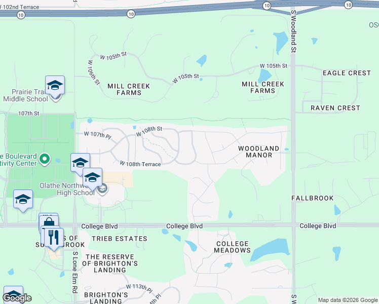 map of restaurants, bars, coffee shops, grocery stores, and more near 20754 West 108th Street in Olathe