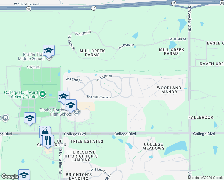 map of restaurants, bars, coffee shops, grocery stores, and more near 10860 South Redbud Lane in Olathe