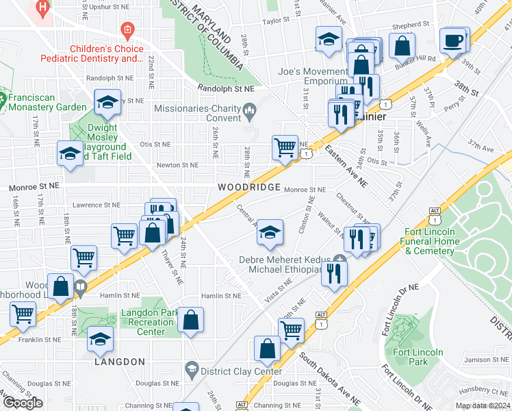 map of restaurants, bars, coffee shops, grocery stores, and more near 2815 Brentwood Road Northeast in Washington