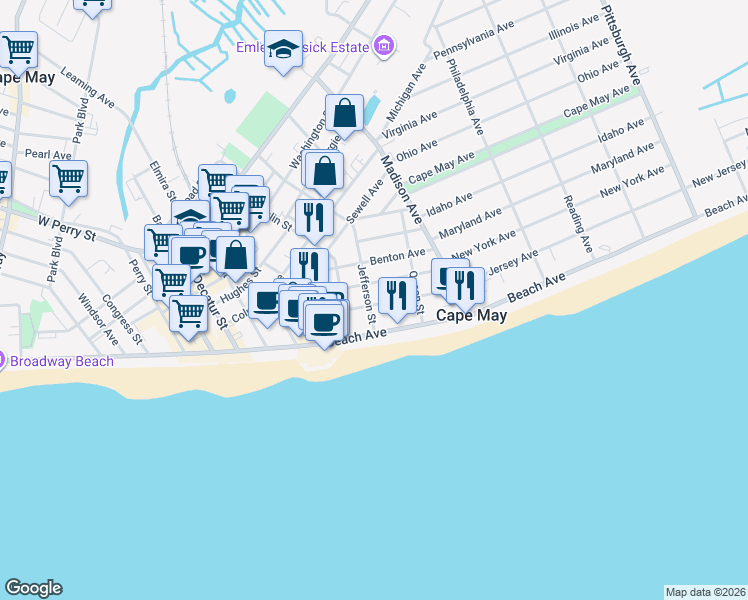 map of restaurants, bars, coffee shops, grocery stores, and more near 922 Kearney Avenue in Cape May