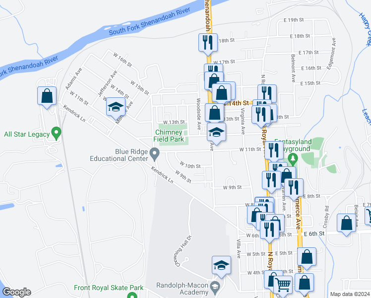 map of restaurants, bars, coffee shops, grocery stores, and more near 345 West 11th Street in Front Royal