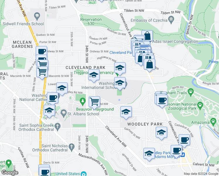 map of restaurants, bars, coffee shops, grocery stores, and more near 3225 Woodley Road Northwest in Washington