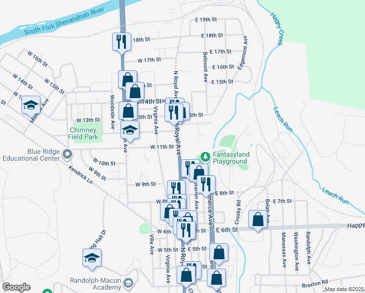 map of restaurants, bars, coffee shops, grocery stores, and more near 1101 North Royal Avenue in Front Royal