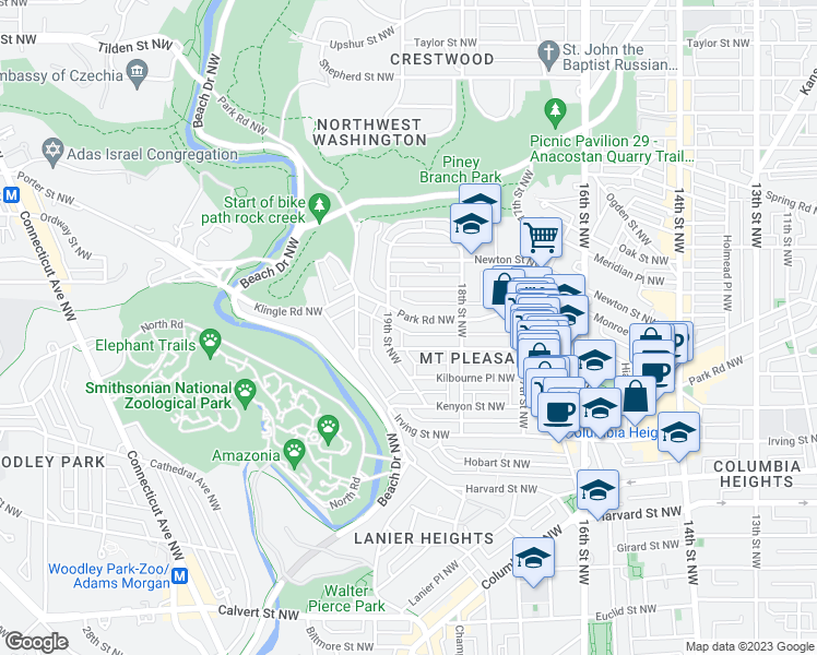 map of restaurants, bars, coffee shops, grocery stores, and more near 1844 Park Road Northwest in Washington