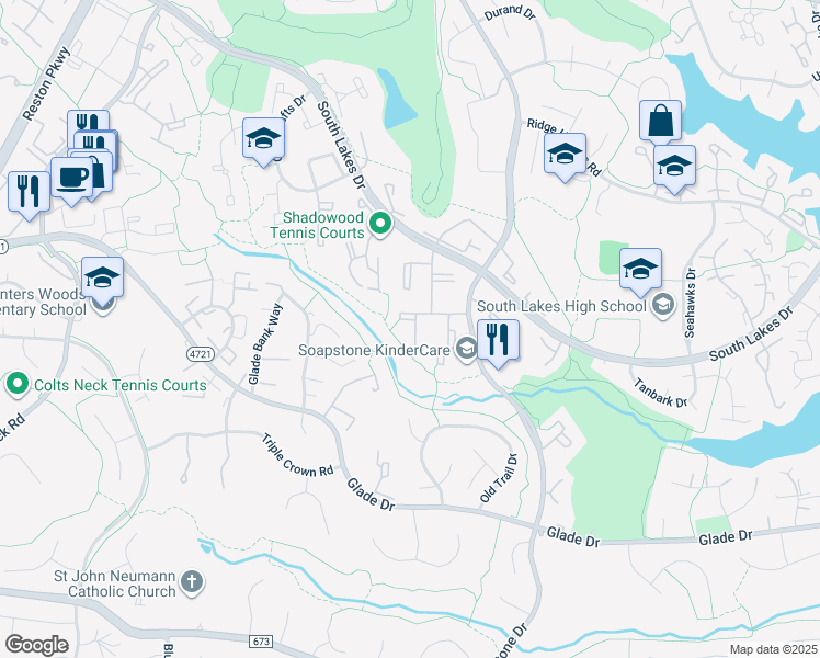 map of restaurants, bars, coffee shops, grocery stores, and more near 11655 Stoneview Square in Reston