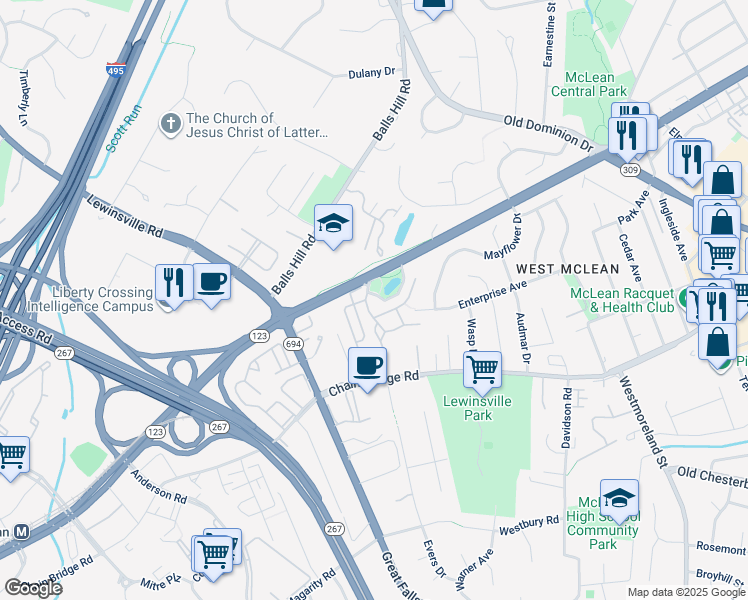 map of restaurants, bars, coffee shops, grocery stores, and more near 1463 Evans Farm Drive in McLean