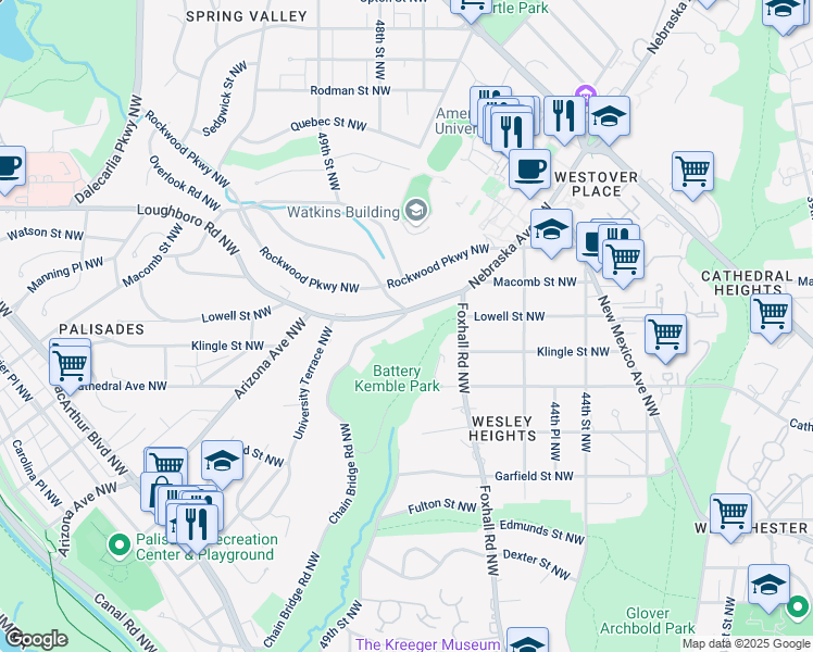 map of restaurants, bars, coffee shops, grocery stores, and more near 3131 Chain Bridge Road Northwest in Washington