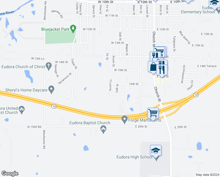 map of restaurants, bars, coffee shops, grocery stores, and more near Acorn Lane in Eudora