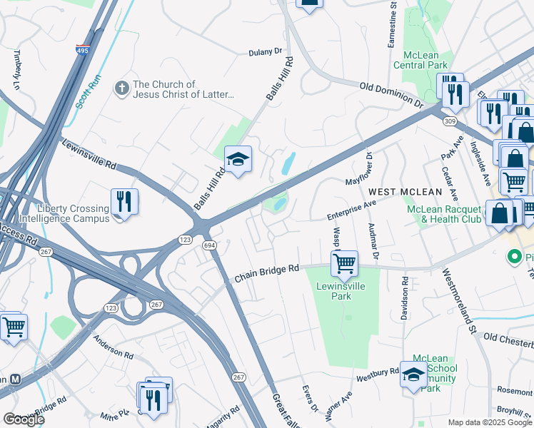 map of restaurants, bars, coffee shops, grocery stores, and more near 1463 Evans Farm Drive in McLean
