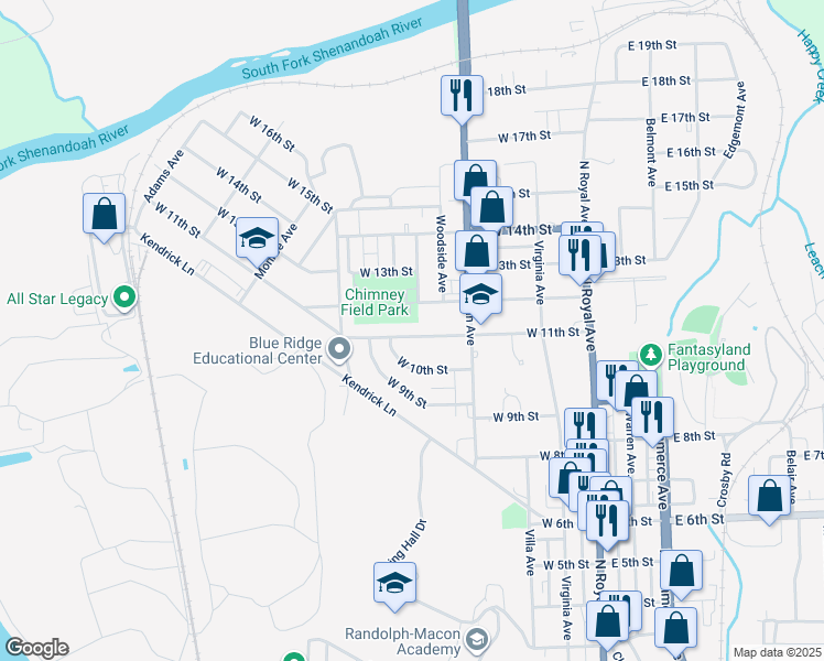 map of restaurants, bars, coffee shops, grocery stores, and more near 345 West 11th Street in Front Royal
