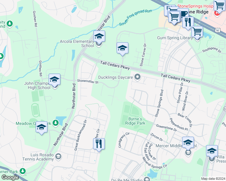 map of restaurants, bars, coffee shops, grocery stores, and more near 41745 Stonecutter Street in Aldie