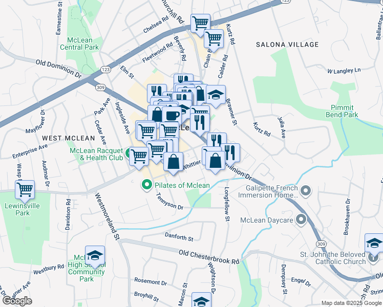map of restaurants, bars, coffee shops, grocery stores, and more near 6719 Lowell Avenue in McLean
