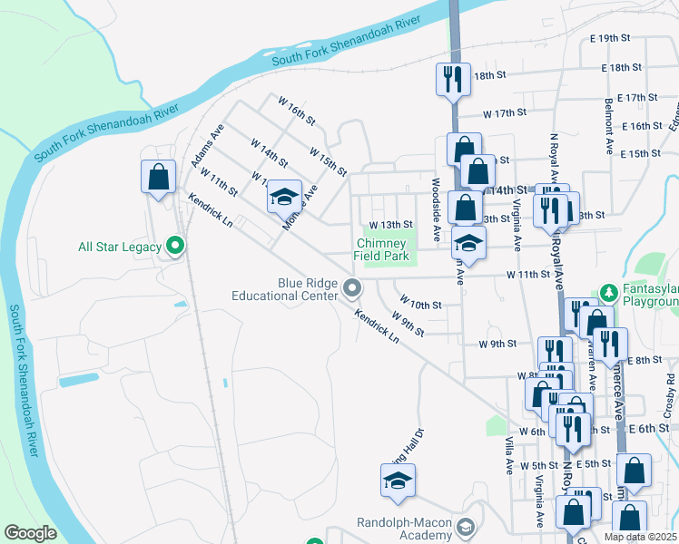 map of restaurants, bars, coffee shops, grocery stores, and more near 612 West 11th Street in Front Royal
