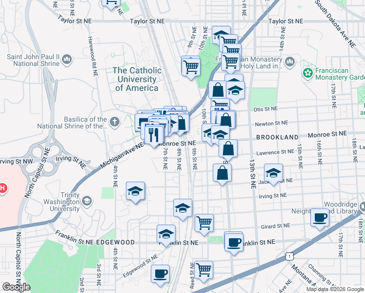 map of restaurants, bars, coffee shops, grocery stores, and more near 716 Monroe Street Northeast in Washington