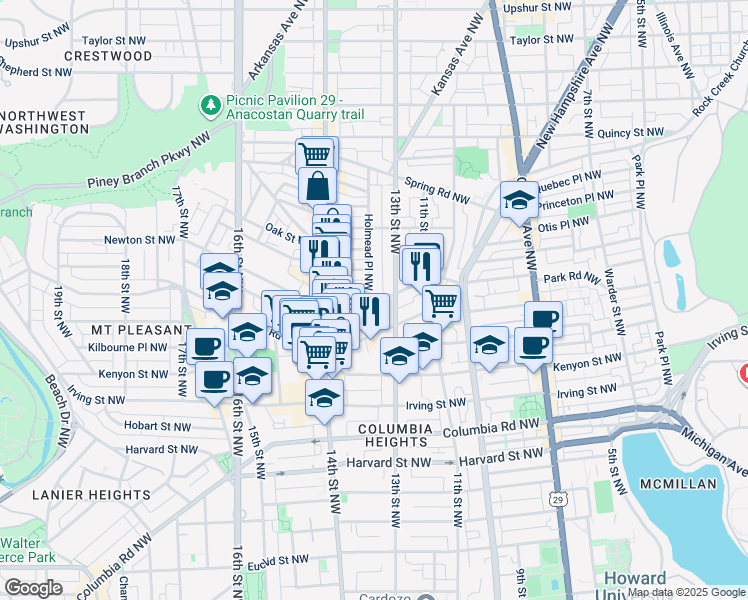 map of restaurants, bars, coffee shops, grocery stores, and more near 1323 Monroe Street Northwest in Washington