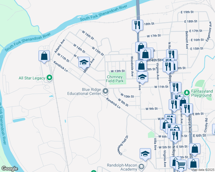 map of restaurants, bars, coffee shops, grocery stores, and more near 1103 Massanutten Avenue in Front Royal