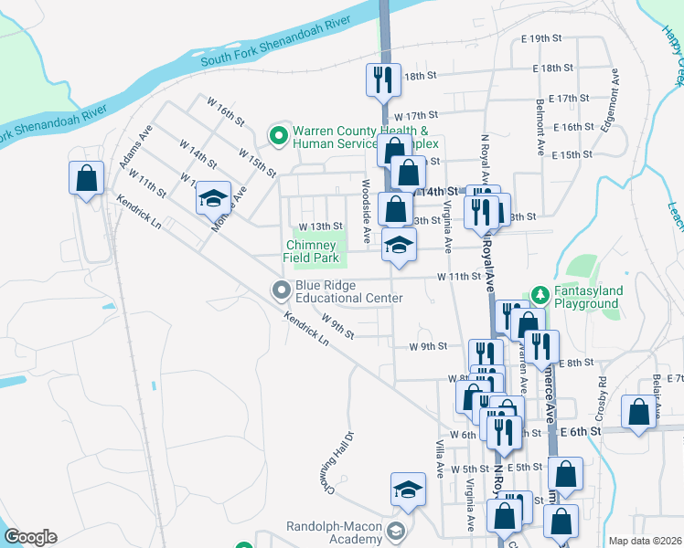 map of restaurants, bars, coffee shops, grocery stores, and more near 345 West 11th Street in Front Royal