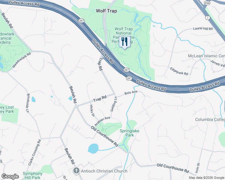 map of restaurants, bars, coffee shops, grocery stores, and more near 1645 Trap Road in Vienna