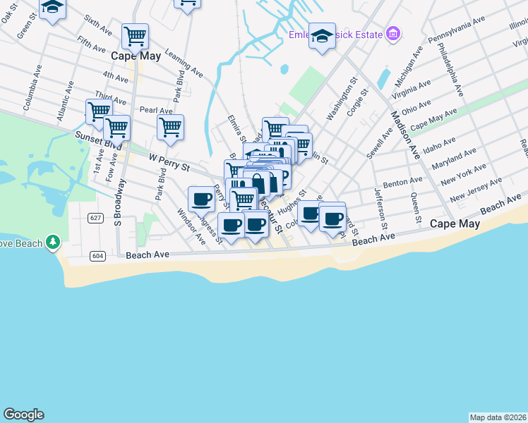 map of restaurants, bars, coffee shops, grocery stores, and more near 215 Decatur Street in Cape May