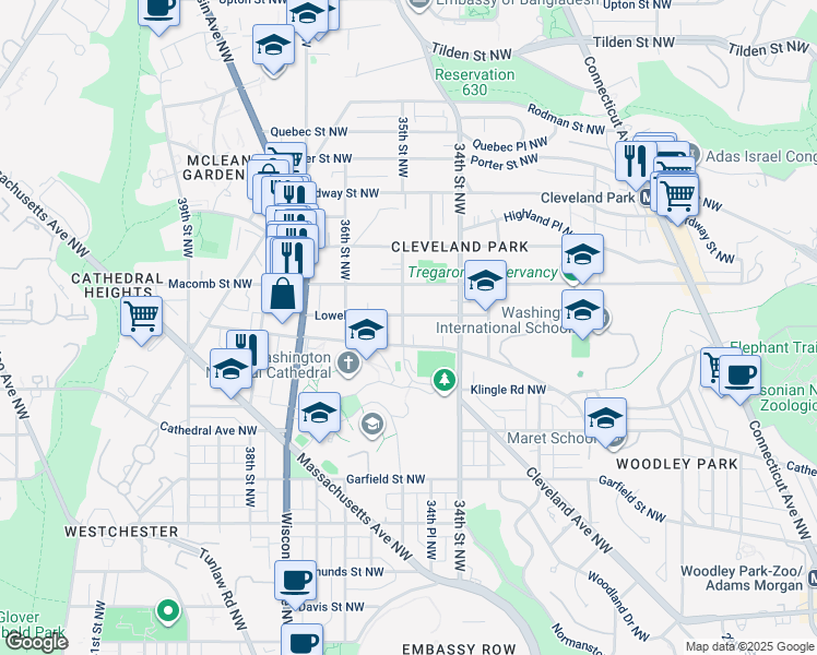 map of restaurants, bars, coffee shops, grocery stores, and more near 3117 35th Street Northwest in Washington