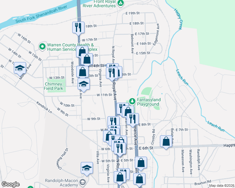 map of restaurants, bars, coffee shops, grocery stores, and more near 1109 North Royal Avenue in Front Royal