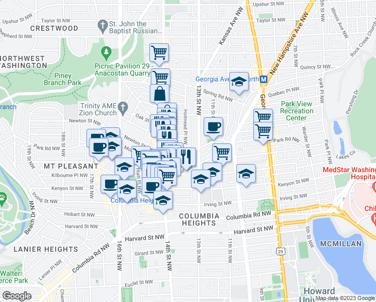 map of restaurants, bars, coffee shops, grocery stores, and more near 1323 Monroe Street Northwest in Washington