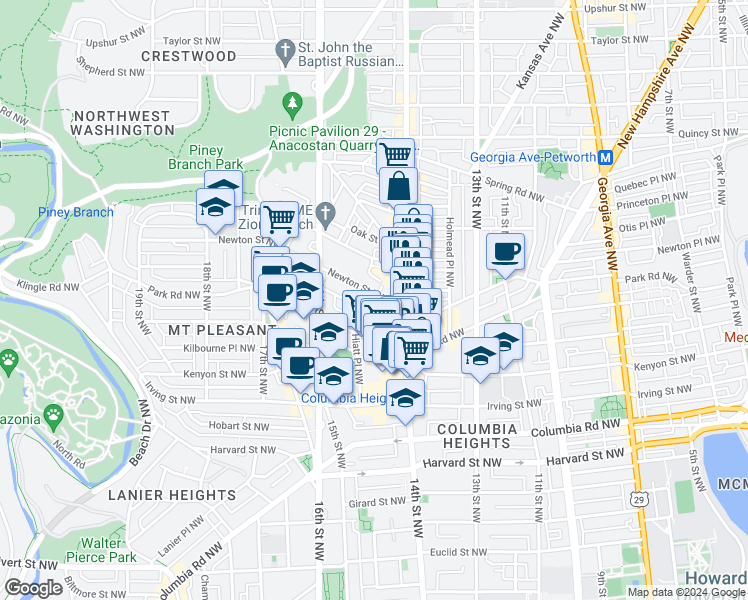 map of restaurants, bars, coffee shops, grocery stores, and more near 1444 Newton Street Northwest in Washington