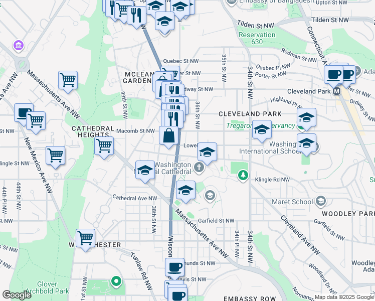 map of restaurants, bars, coffee shops, grocery stores, and more near 3112 36th Street Northwest in Washington