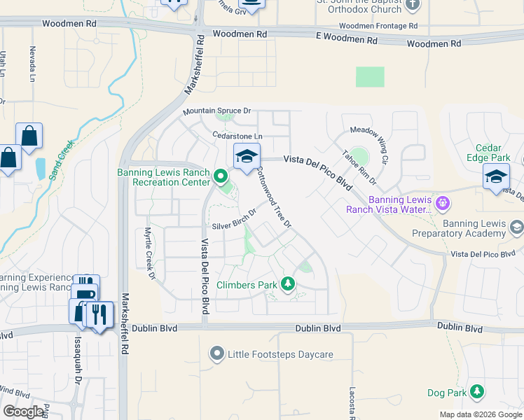 map of restaurants, bars, coffee shops, grocery stores, and more near 8263 Silver Birch Drive in Colorado Springs