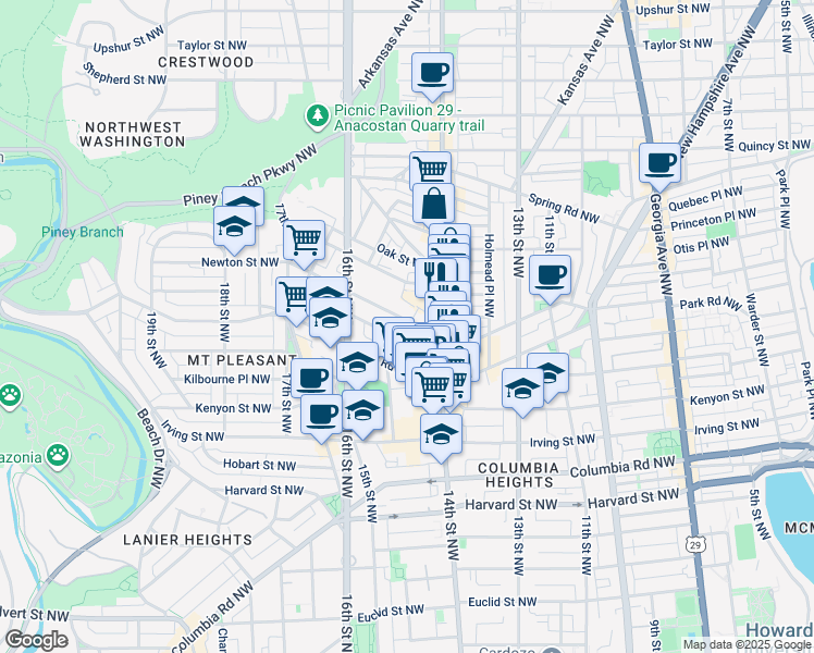 map of restaurants, bars, coffee shops, grocery stores, and more near 1444 Newton Street Northwest in Washington