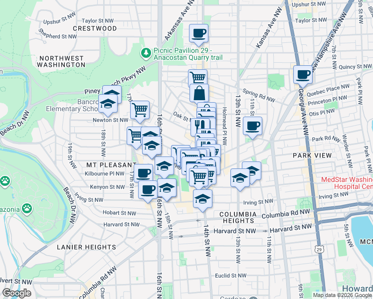 map of restaurants, bars, coffee shops, grocery stores, and more near 101 Independence Avenue Southeast in Washington